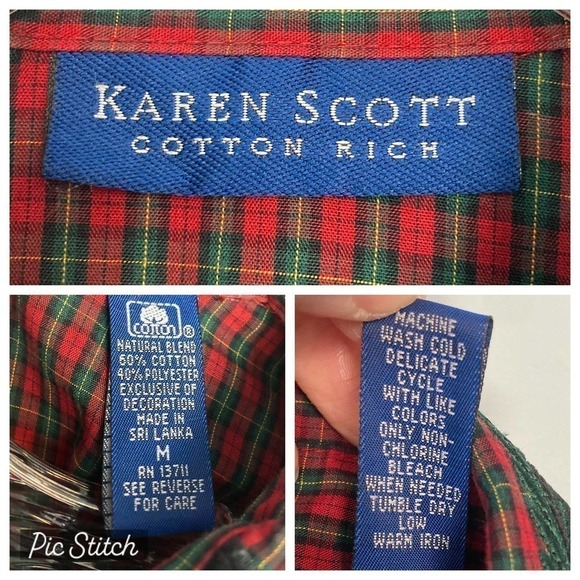 Karen Scott Red Green Plaid Velvet Trim Poinsettia Collar Button Up Shirt Size M - Picture 8 of 12